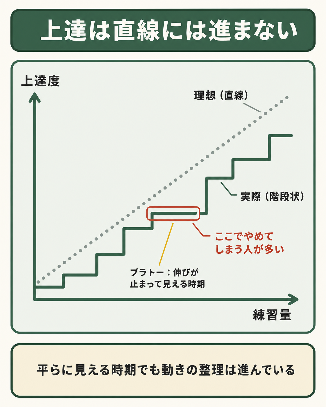 太極拳の上達を表した学習曲線の図。理想は直線だが実際は階段状に進み、平らに見えるプラトーの時期でやめてしまう人が多いことを示している。